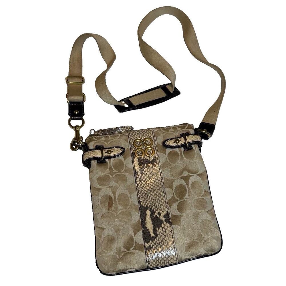 Coach Khaki Brown Signature Snakeskin Embossed Leather Crossbody Purse Han